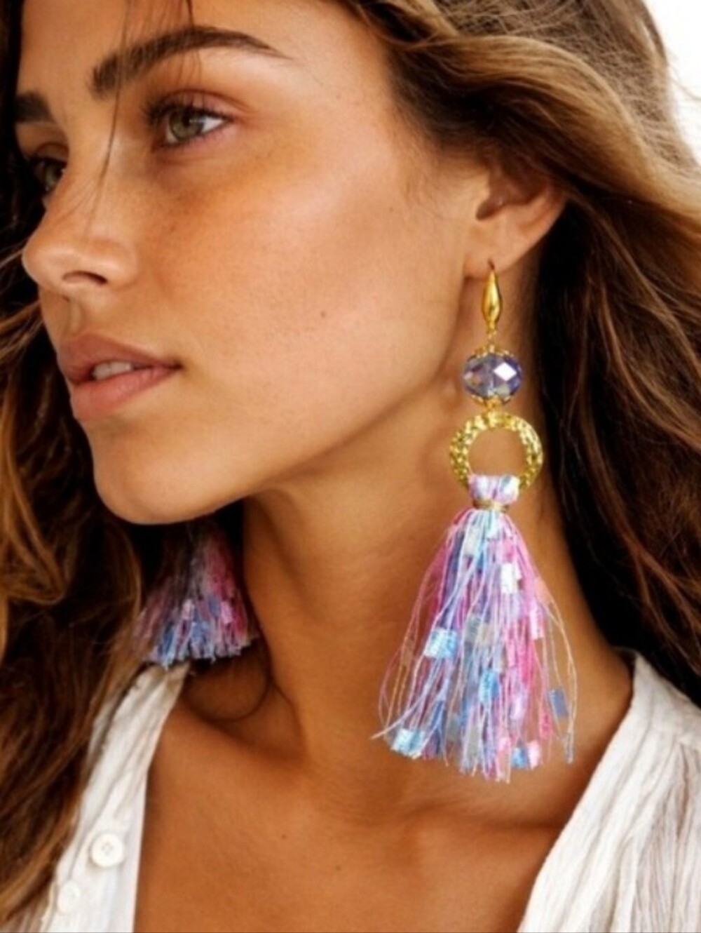 Long Earrings Bohemian Blue Crystal Tassel Hoop Gold Pink Green